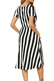 Womens Short Sleeve Loose Striped Pockets Flowy Casual Midi Work Dress Black L