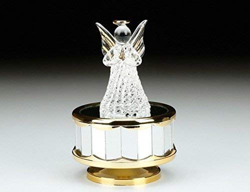 Angel Music Box: "Amazing Grace" Tune, 6.25"H, Hand Spun Glass, Rotating Mirrored Pedestal