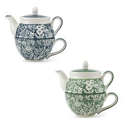 Taimei Teatime Ceramic Tea for One Set, Set of 2, 15 OZ Teapot with Infuser and Cup Set for One, Green&Grey Tea Set for Loose Leaf Tea, Tea Set Gift for Women, Adults, Couples