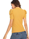 Romwe Women's Elegant Pearl Embellished Puff Short Sleeve Blouse Tops Yellow Medium