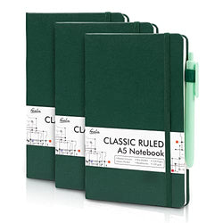 3 Pack Notebooks Journals Bulk with 3 Black Pens, Feela A5 Hardcover Notebook Classic Ruled Lined Journal Set with Pen Holder for Work Business Journaling Note Taking, 120 GSM, 5.1”x8.3”, Dark Green