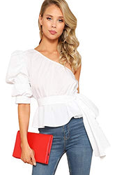 Romwe Women's One Shoulder Short Puff Sleeve Self Belted Solid Blouse White Medium