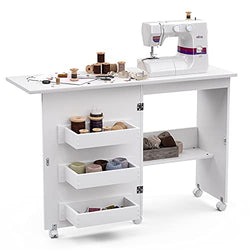 Sewing Table with Storage, Foldable Sewing Extension Table Art Craft Desk with Adjustable Shelf Hidden Bins, Cabinet with Lockable Casters, Open/Fold (White)