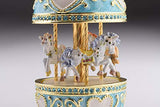 Keren Kopal Teal Musical Carousel with White Royal Horses Wind up Music Box Faberge Style Unique Handmade Musical Gift Idea