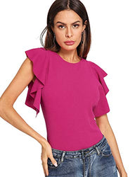 Romwe Women's Stretchy Flutter Sleeve Slim Solid Elegant Blouse Top Rose Red L