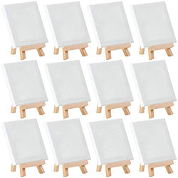 MEEDEN 4 by 4 Inch Stretched Canvas & 3 by 5 Inch Pine Wood Easel Set of 12, Tabletop Holder Stand for Painting Party, Craft Drawing, Art Decoration, Signs, Photos