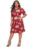 Romwe Women's Plus Size Elegant Floral Print Fit and Flare A Line Midi Dress Red 0X Plus