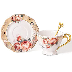 fanquare Orange Flower Tea Cup and Saucer Set, 7oz Porcelain Coffee Cup with Spoon, Pretty Tea Cup Set for Breakfast, Gift, Party