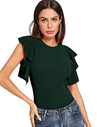 Romwe Women's Ruffle Sleeve Solid Elegant Wear to Work Blouse Top Green M