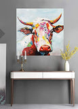 Colorful Cow Paintings Canvas Wall Art Animal Paintings Handmade Texture Oil Paintings 3D Cow Pictures American Country Style Wall Decor for Living Room Bedroom Modern Art Work Wooden Framed 32x32inch