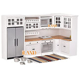 iLAND Wooden Dollhouse Furniture Set on 1/12 Scale for Dollhouse Kitchen incl Modern Miniature Kitchen Cabinets, Fridge, Oven, Microwave, Pots Set, Carpet