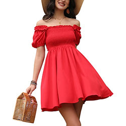 Byinns Womens Square Neck Tie Back Ruffle Off Shoulder Dress Summer Smocked Flowy A-Line Casual Mini Dresses Red