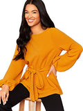 Romwe Women's Elegant Self Belted Lantern Long Sleeve Solid Ruffle Peplum Blouse Top Yellow, Bright Medium