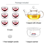 Jusalpha 11 PC-Glass Filtering Tea Maker Teapot with a Warmer and 6 Tea Cups Set (Version 1, 27 OZ)