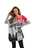 ellazhu Womens Long Sleeve Casual Sweatershirt Pullover Newspaper Painting Crewneck T Shirts GY269 Grey