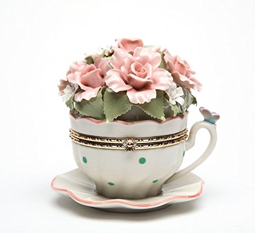 Cosmos Gifts 80048 Fine Porcelain Pink Rose Flowers with Butterfly Cup & Saucer Hinged Box Music Box Figurine (Music Tune: Everything is Beautiful), 4-1/2"
