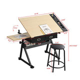 4everwinner Height Adjustable Drafting Desk Drawing Table Tiltable Tabletop with Stool and 2 Storage Drawer for Reading, Folding Draft Table Painting Writing Art Craft Desk Work Station (Wood)