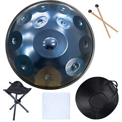 TREELF Handpan Drums Sets D Minor 22 inches Steel Hand Drum with Soft Hand Pan Bag, 2 handpan mallet,Handpan Stand (12 Notes, Blue)