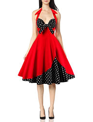 Women Vintage Floral Print Halter Cocktail 1950s Retro Rockabilly Swing Dresses Audrey Hepburn 50's 60's Homecoming Party Gown Red&Polka Dots Black 2XL