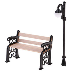 Panin 1.29 Inch Miniature Park Bench and 2.8 Inch Miniature Street Lamp, Mini Bench Fairy Garden Chairs Set for DIY Crafts, Dollhouse Ornament