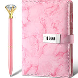 Diary with Lock Marble PU Leather A5 Journal Combination Lock Secret Personal with Diamond Pen for Girls Women Boys(Pink)