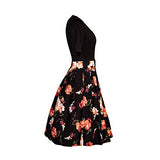 Women's Vintage Patchwork Pockets Puffy Swing Cocktail Work Party Dress Black - Floral