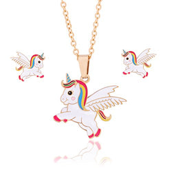 316 Stainless Steel Cute Enamel Wings Unicorn Pendant Necklace Stud Earrings Set for Girls Kids