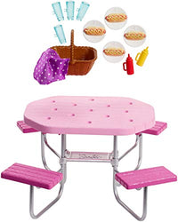 Barbie Outdoor Furniture, Pink Picnic Table with Adjustable Seats and Hot Dog Picnic for 4