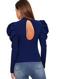 Romwe Women's Elegant Mock Neck Keyhole Back Leg-of-Mutton Long Sleeve Blouse (X-Large, Blue)