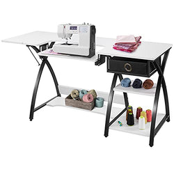 Sewing Craft Table, Sewing Machine Desk with Adjustable Folding Shelves and Storage Drawer, X Frame Sturdy Multipurpose Sewing Desk, White MDF, 57.1×23.6×29.9 inches