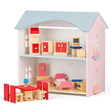 Toddler Wooden Dollhouse Toys for Girls with Furniture Accessories, 3 Rooms to Build for Dress up and Pretend Play