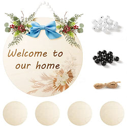 14inch Wood Circles for Crafts-4pcs Interchangeable Welcome Sign Front Door Decor Wooden Beads and Jute Rope,Unfinished Wood Rounds for DIY Crafts,Drawing and Christmas Decoration