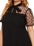 Romwe Women's Plus Size Contrast Mesh Short Sleeve Bow Tie Neck A-Line Party Dress Black 2X