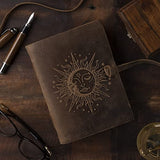 Sun & Moon Embossed Vintage Leather Journal | 240 Pages of Antique Handmade Deckle Edge Vintage Paper, Leather Sketchbook, Drawing Journal, Great Gift