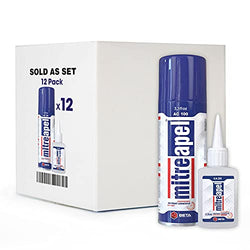 MITREAPEL Super CA Glue (12 x 0.80 oz) with Spray Adhesive Activator (12 x 3.30 fl oz)-Crazy Craft Glue for Wood, Plastic, Metal, Leather, Ceramic-Cyanoacrylate Glue for Crafting & Building (12 Pack)