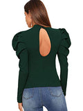 Romwe Women's Elegant Mock Neck Keyhole Back Leg-of-Mutton Long Sleeve Blouse Green Small