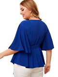 Romwe Women's Plus Size Short Sleeve Wrap V Neck Belted Ruffle Peplum Tops Blouse Blue 2X Plus