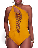 Holipick Women Yellow Sexy One Piece Swimsuits Lace up Plunge Monokini Criss Cross Bathing Suits Strappy Cross Back Swimwear L