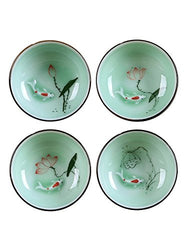 Hand Painted Kungfu Teacup,Chinese Long-quan Celadon Teacup,Fishes and Lotus Pattern,set of 4