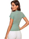 Romwe Women's Scalloped Cut Out V Neck Short Sleeve Sexy Tee Tops Green-1 Medium