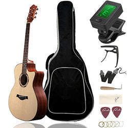 Beginner Acoustic Guitar Ranch 41" Full Size Solid Wood Cutaway Beginners Steel String Guitars Kit Bundle with Gig Bag/Tuner/Capo/Strings/Strap/Picks Set Starter Pack for Adults (Grand Auditorium)