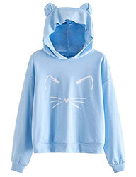 Romwe Women's Cat Print Sweatshirt Long Sleeve Loose Casual Hoodies Pullover Shirt Top Blue Medium