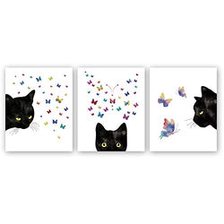 Black Cat With colorful Butterfly Art Print,Set Of 3(8”X10”) Watercolor Animals Canvas Poster Painting,Modern Wall Art For Home Decor,Unframed