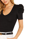 Romwe Women's Elegant Short Puff Sleeve Knit Summer V-Neck T-Shirt Tops Black Medium