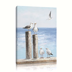 B BLINGBLING Seagull Relaxing On The Pier Painting Picture Sea Birds Beach Themed Wall Art Poster Calming Coastal Mural Print for Bathroom Framed and Easy to Hang (12"x16"x1 Panel)