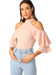Romwe Women's Cute Cold Shoulder Ruffle Half Sleeve Slim Fit Blouse Tops Pink X-Small