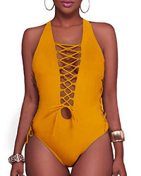 Holipick Women Yellow Sexy One Piece Swimsuits Lace up Plunge Monokini Criss Cross Bathing Suits Strappy Cross Back Swimwear L