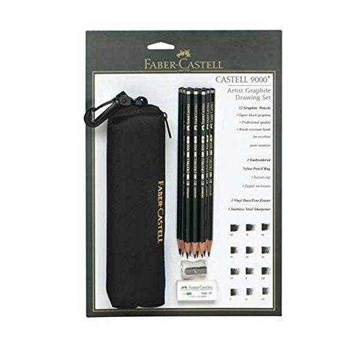 Faber-Castel FC800028 Castell 9000 15 Piece Graphite Pencil Set with Bag, Black