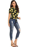 Romwe Women's Floral Print Short Sleeve Tie Front Knot Casual Loose Crop Tee T-Shirt Yellow XS