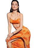 Romwe Women's 2 Piece Outfit Tie Dye Criss Cross Halter Crop Top and High Split Bodycon Skirts Set Orange S